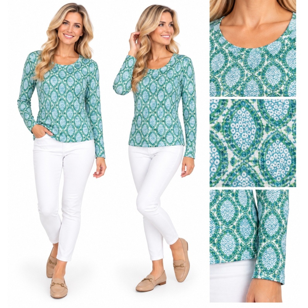 Whimsy Rose Top M Green Blue Geometric Baby Waffle Thermal Boho Coastal